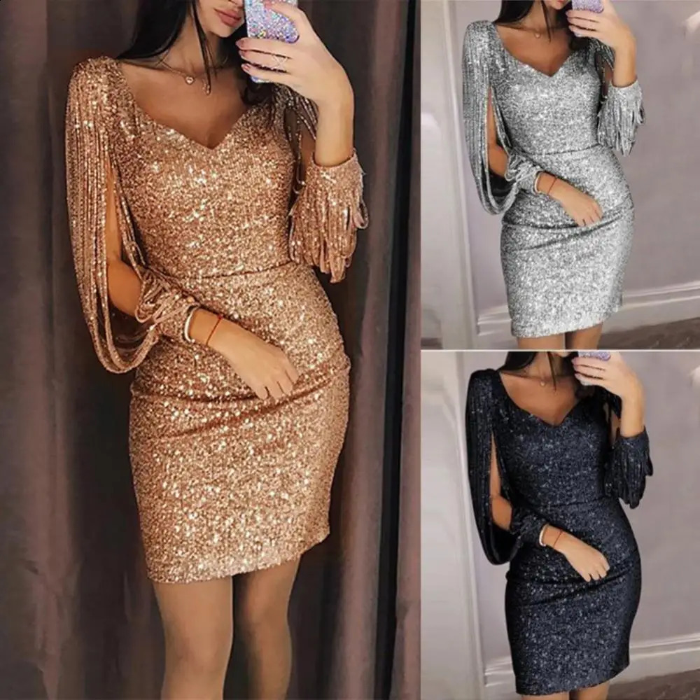 2024 Silver Sequin Skinny Dres Sexy Tassel Sleeves V Neck Club Mini Dress Elegant Ladies Bodycon Pencil Party Vestido 241205
