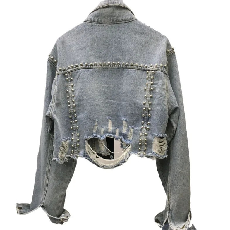 Womens heavyduty industrial rivet diamond set denim jacket with ground bead Y2k 241206