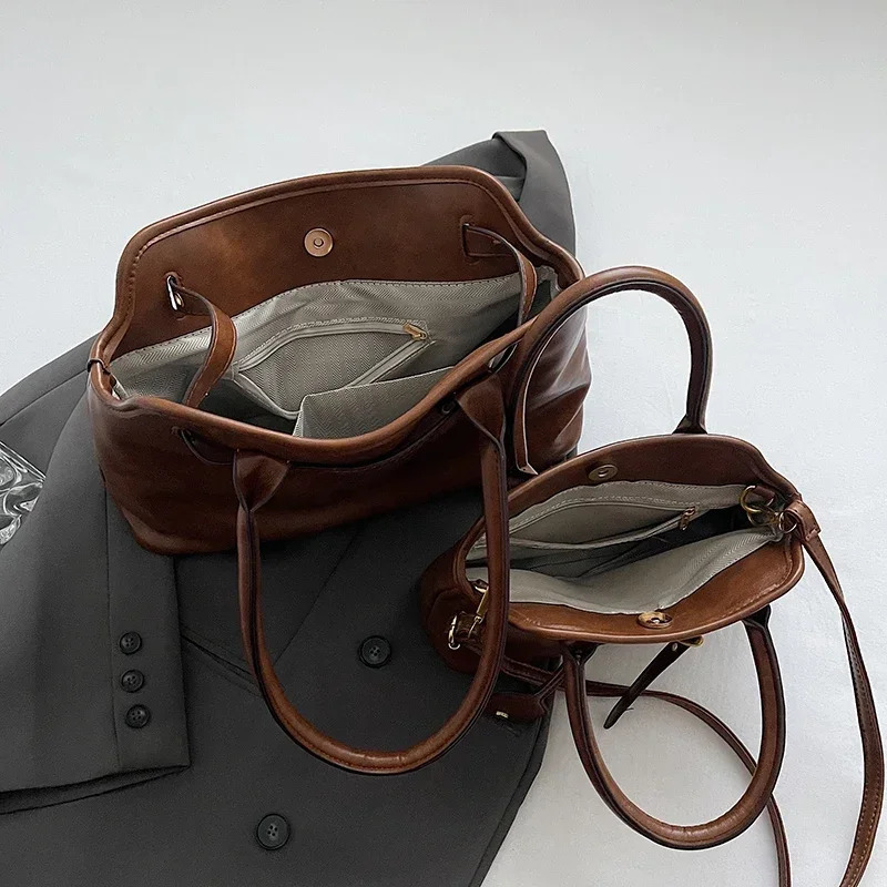 LEFTSIDE PU Leather Retro Tote Bag for Women Winter Trend Fashion Y2K Handbags Females Travel Shoulder Crossbody Bags 241206