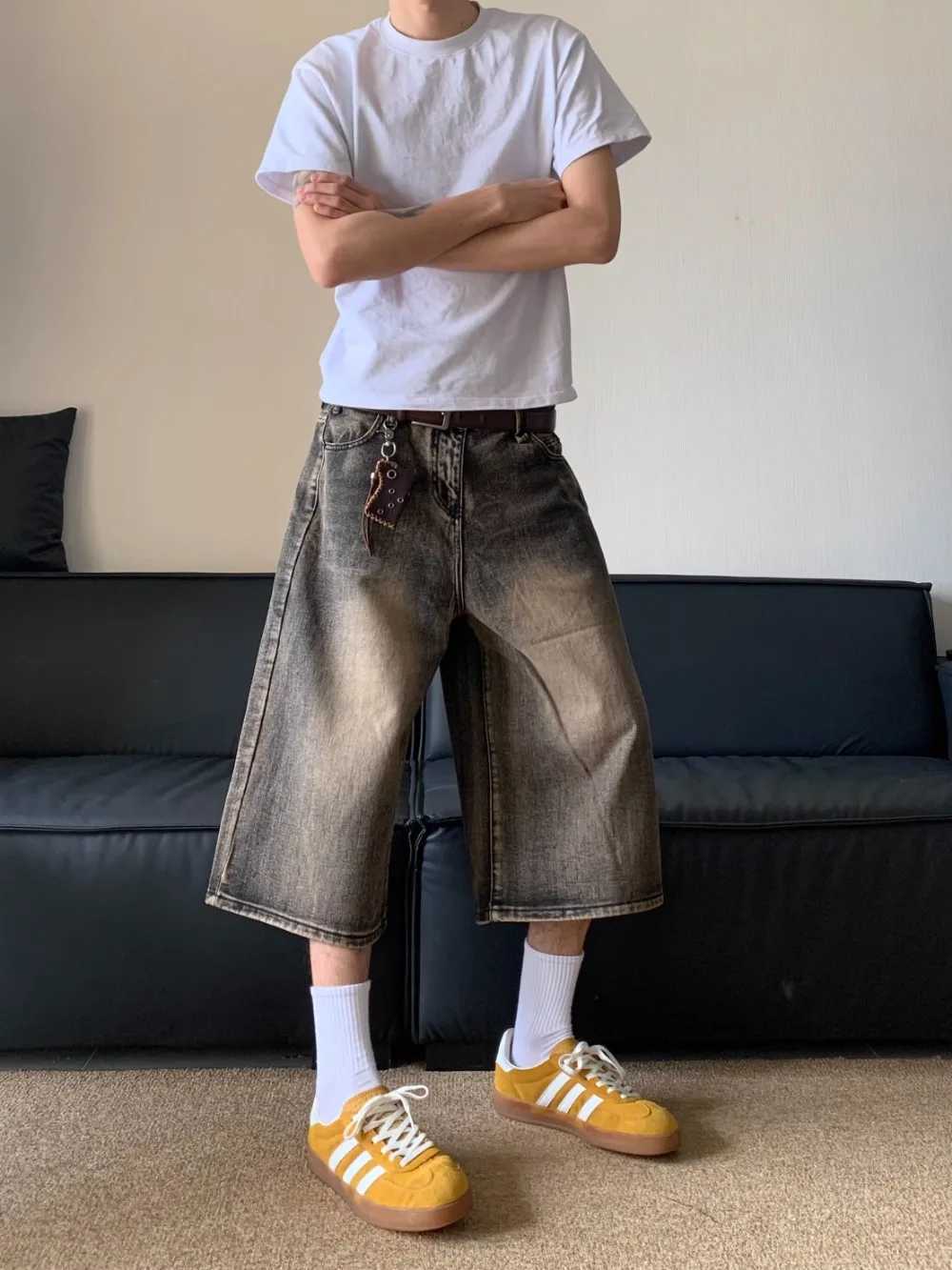 Oversized Hip Hop Jeans Shorts for Men Summer Retro Wide Leg Denim Knee Lenght PantsXJ241206