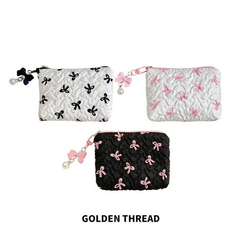Small Hand Makeup Bag Pink Black Print Bow Womens Cvenient Lipstick Card Mini Case Cosmetic Bag Sanitary napkin Storage BagXJ241206