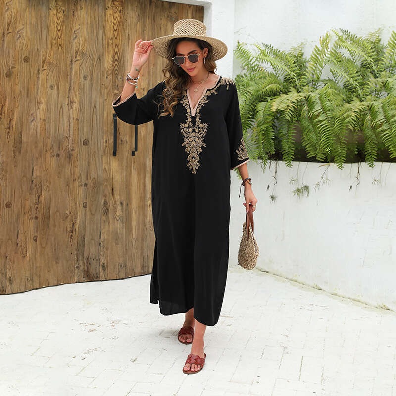 European and American cotton embroidered beach long robe style vacation jumpsuit, bikini swimsuit, outer cover shirt, 2024 new casual versatile fashio