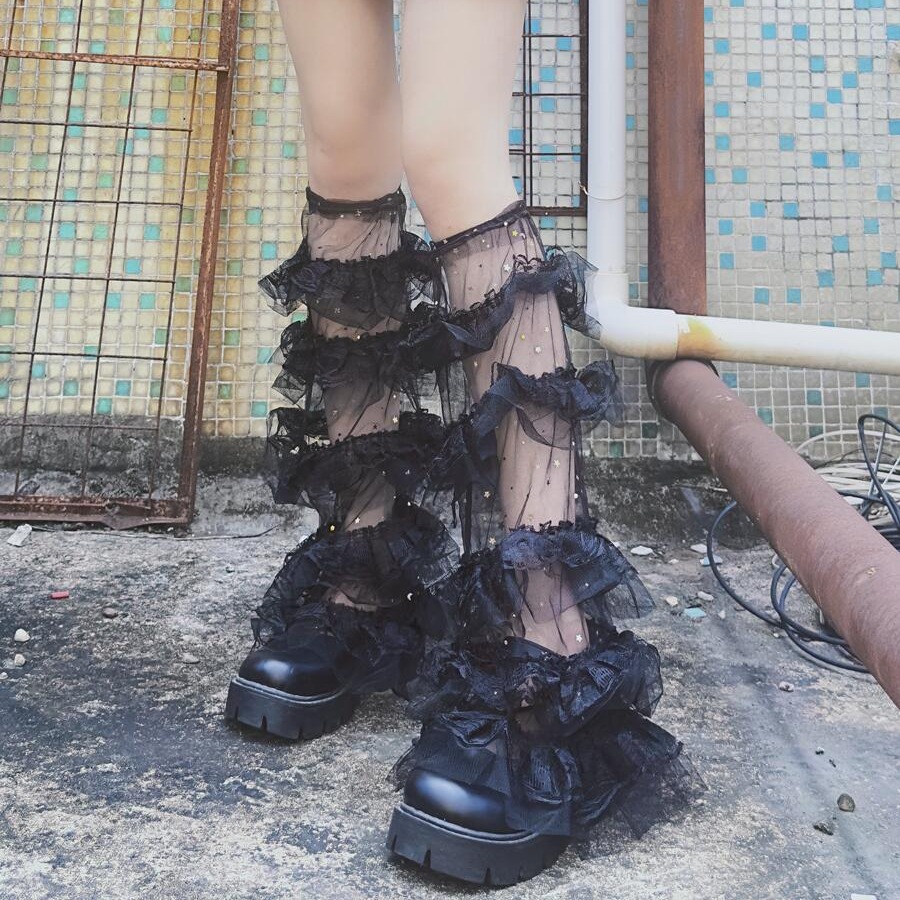 Socks & Hosiery Women Layered Mesh Ruffle Leg Warmers Kawaii Thigh High Socks Aesthetic Y2K Chic Stockings Leg Cuffs Cover Streetwear