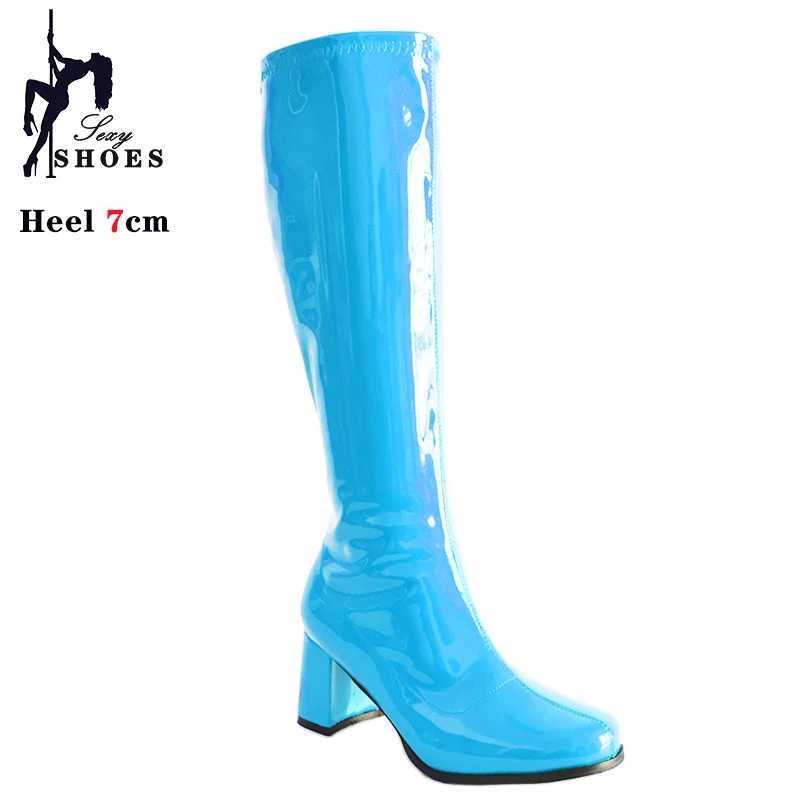 High Quality 7cm custom Gogo boots 1960s and 1970s square heel knee party boots sexy zipper cross dress Gothi shoes large size T241206