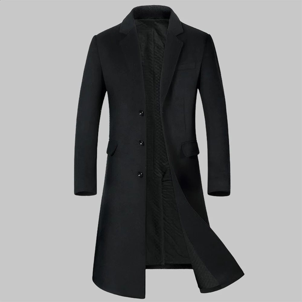 autumn and winter mens wool coat long knee set collar cotton thick wool coat 241204