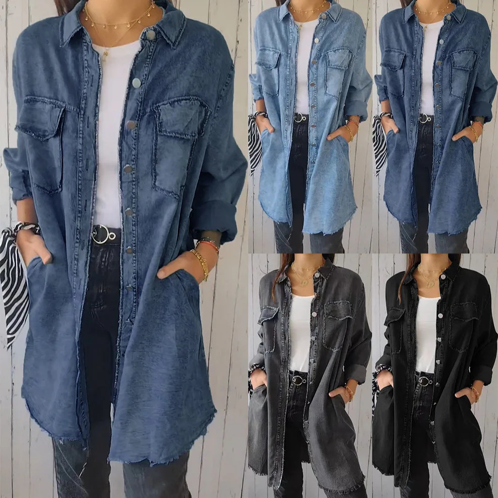 Womens denim jacket with lapel and slim fit mid blue jeans length shirt elegant stitching single chest long sleeved 2024 241206