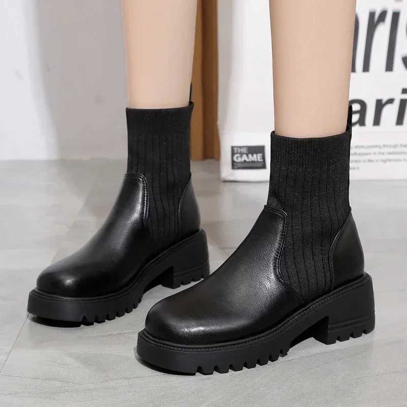 High Quality New Autumn Winter Fi Warm Boots Fem PU Leather High H Boots Platform Shoes Womens Knitted Sexy Ankle Boots T241206