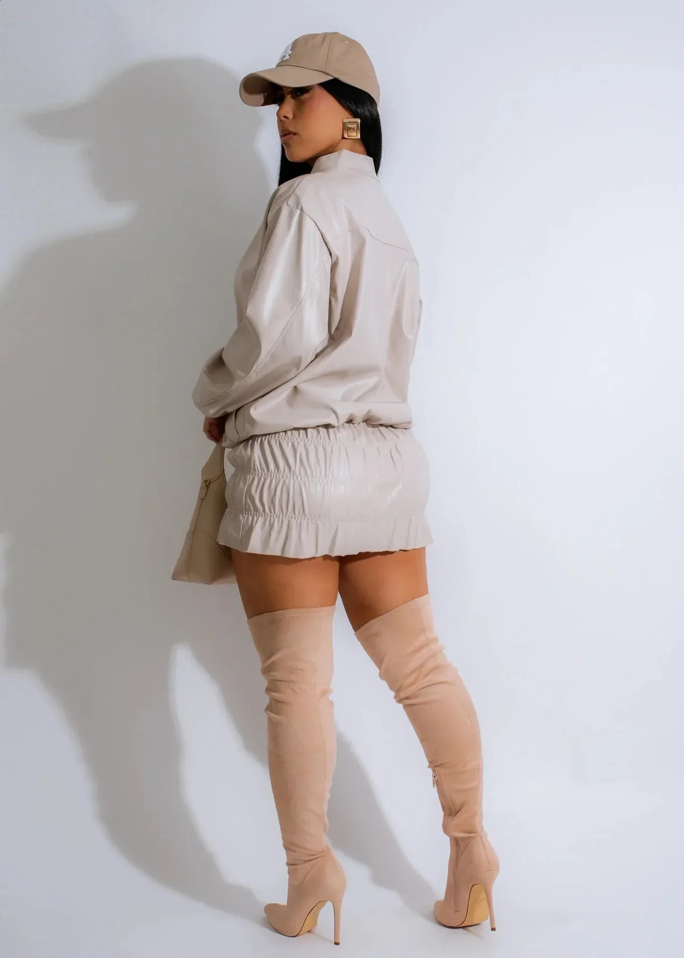 CM.YAYA Women Mini Ruched Skirts Set Full Sleeve PU Leather Jackets Two 2 Piece Set Outfits 2024 Fall Casual Street Night Club 241205