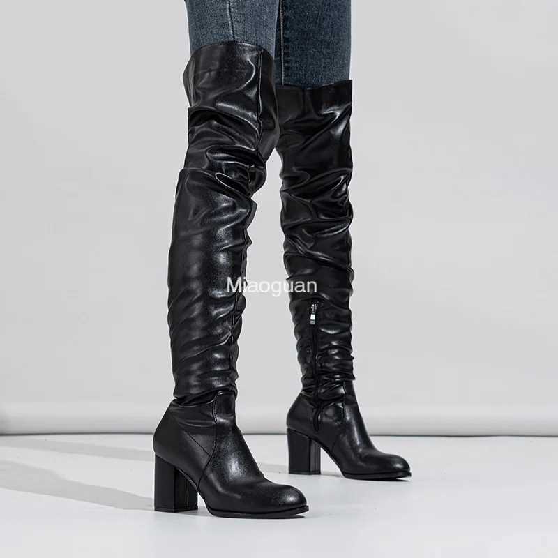 High Quality Black high-quality soft wrinkled leather knee strap boots Fi zipper round toes block shaped square H motorcycle shoes T241206