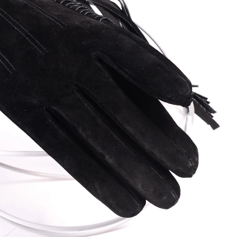 Winter Womens Genuine Leather Pig Skin Suede Tassel Short Gloves Womens Drone Nubak Warm Velvet Punk Show Purple Classic Luvas 241206