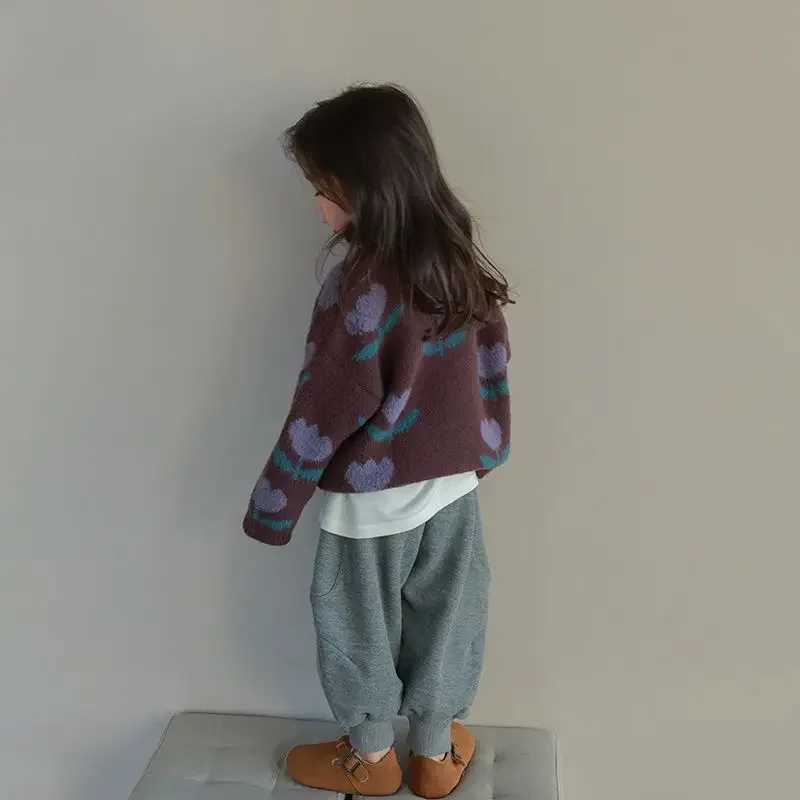 Cardigan Sweater Girl Tulip Flower Pullover Sweater New Korean Fashion Trend Childrens Clothing Round Neck Simple Q241205