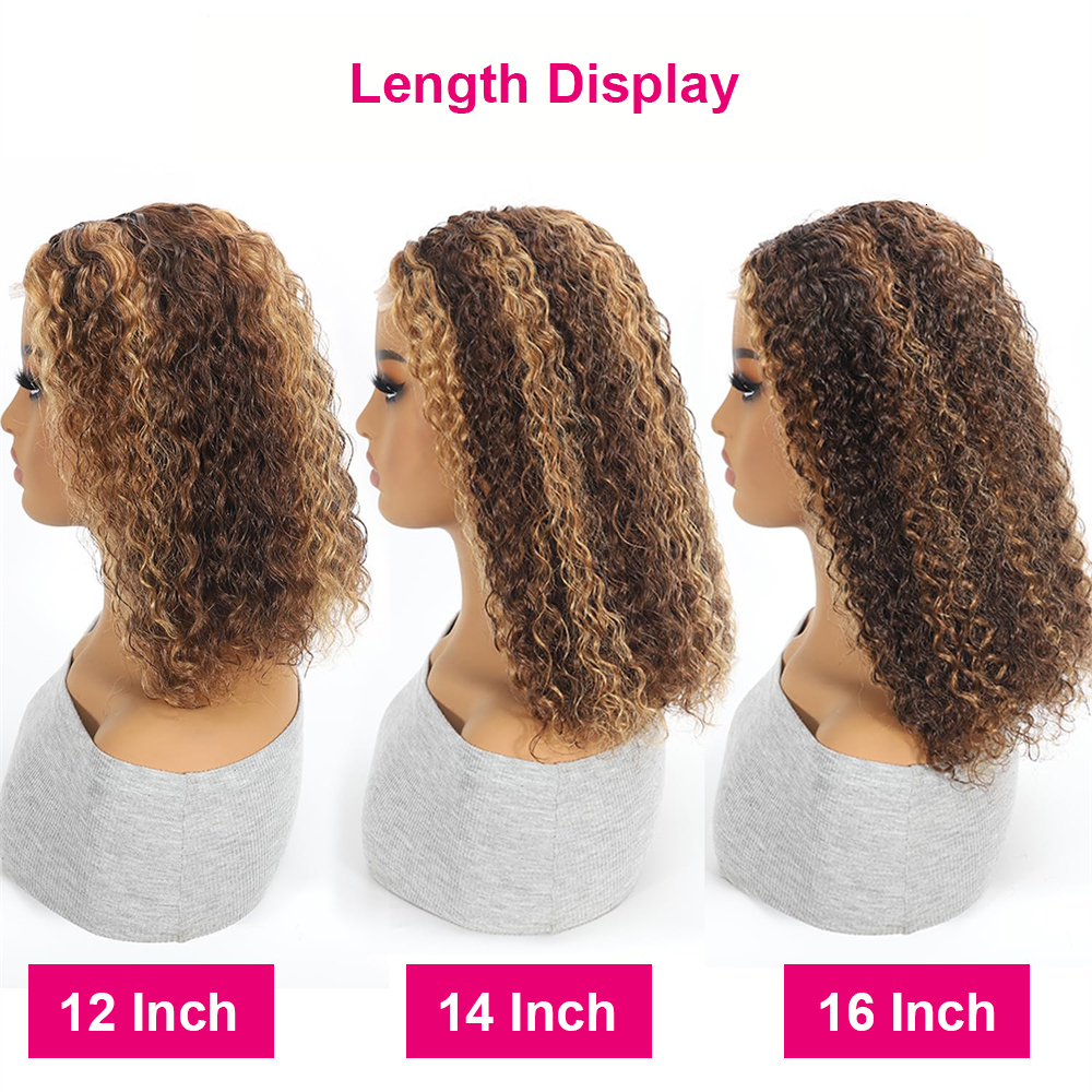 Highlight Deep Short 4/27 Color Curly 13X4 Front Brazilian 100% Human Hair Water Wave Lace Frontal Bob Wig