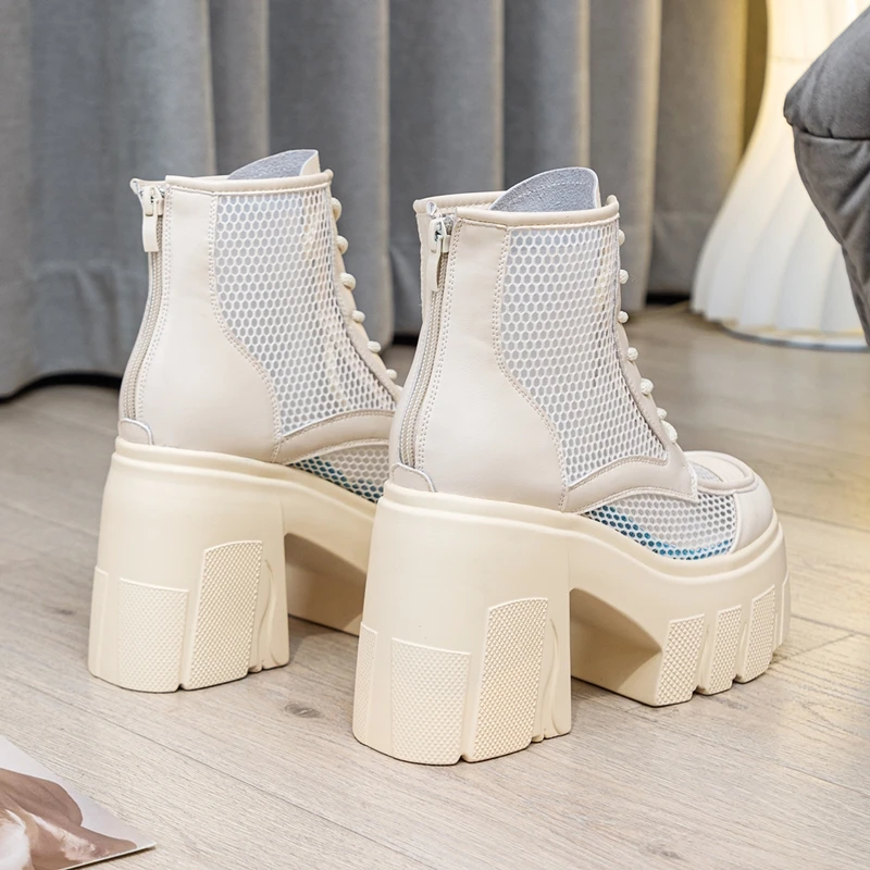 AIYUQI Summer Boots Female Genuine Leather Mesh Women Shoes Boots 11cm Height Platform High Heel Cool Boots Women