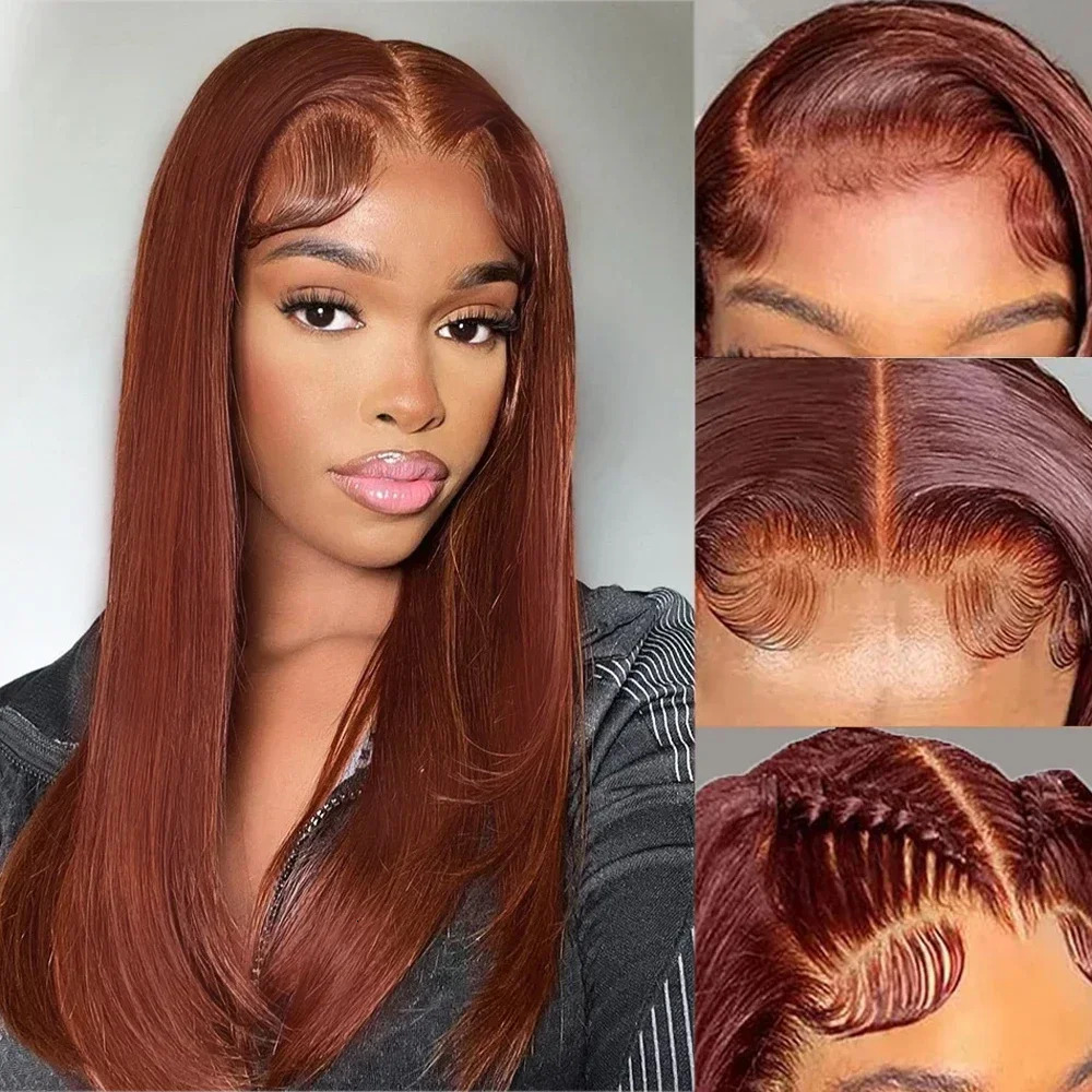 Reddish Brown Copper Red Synthetic Front Wigs For Black Women Layered Cut Glueless Straight Lace Wig