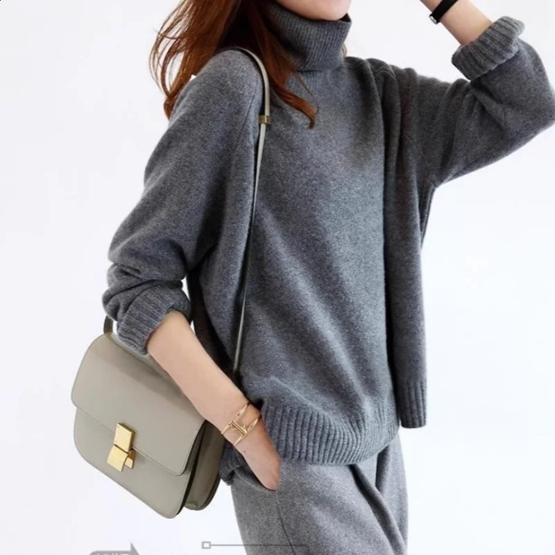 Autumn Winter Network Red Wool Sweater Womens High Lapel Korean Lazy Style Thick Knit LongSleeve Pullover Loose Large Size 241203