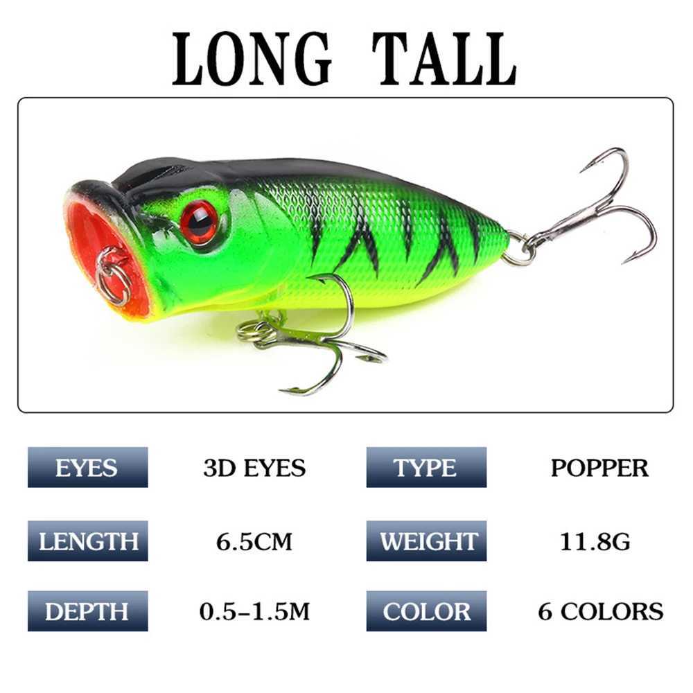 Fishing Lure 6.5cm/11.8g Topwater Popper Bait 6 Color Hard Artificial Wobbr Plastic Tack with 2/0# Hooks Cast SpinningXJ241128
