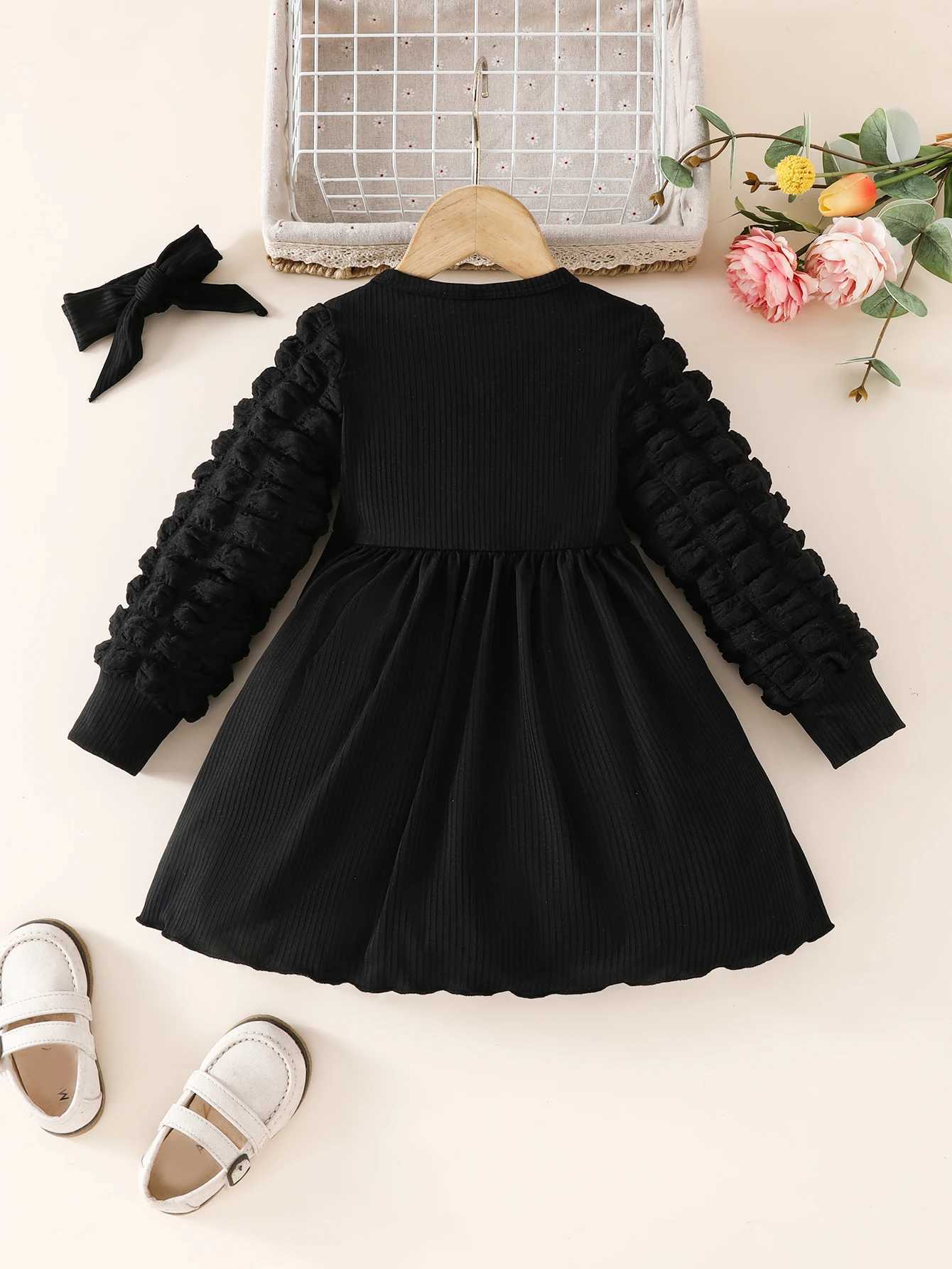 Girls Aged 3-7 Years Old in Spring and Autum Japanese and Korean Sle Casual Simple Puff Sleeve Fashionable Waist DressXJ241206