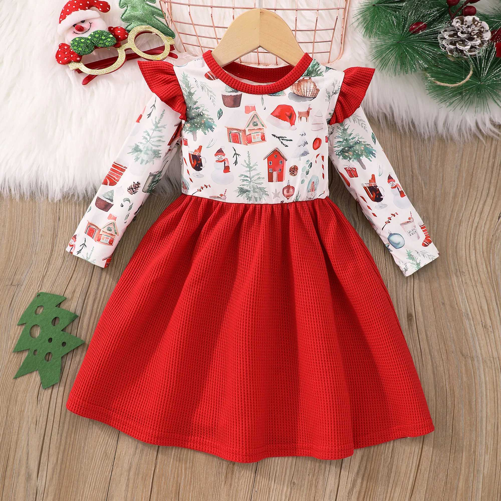 Splicing Waffle Pattern Flutter Trim Long Sleeve Dress Girls Spring Fall ChristmasXJ241206