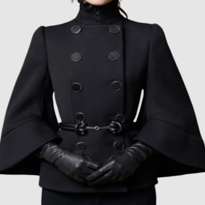 Modigirl Womens England Jackets Coatsbuttoned Black Fall Wnter Spring Long Flared Sleeves High Neck Outerwear For Ladies