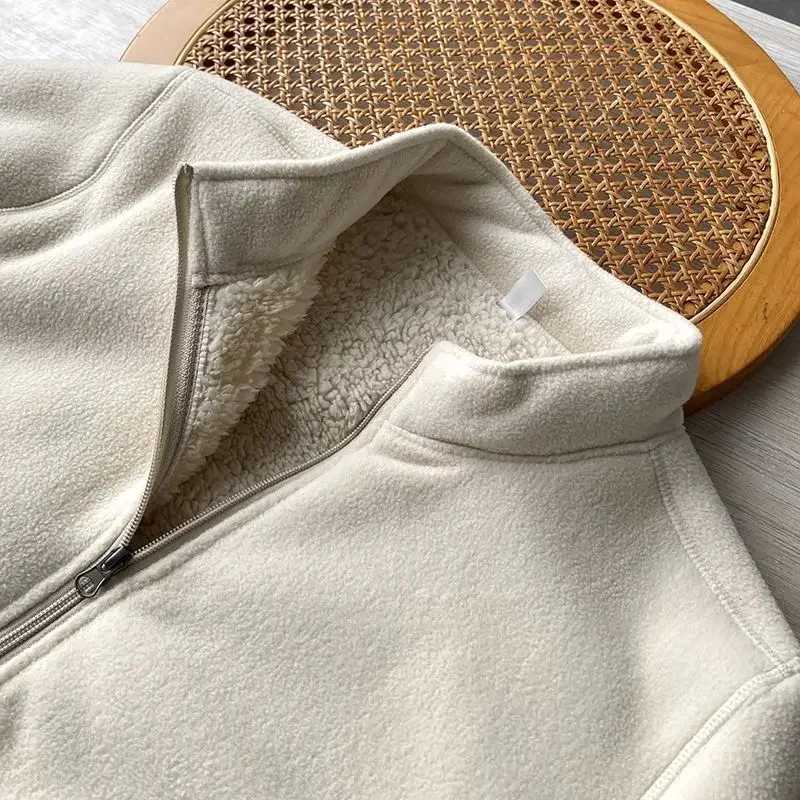 New Winter Fleece Jacket Solid Color Sherpa Casual Coat Thick Warm Stand Collar Zip Up Outdoor Windbreak Jacket Soft ComfortableXJ241206