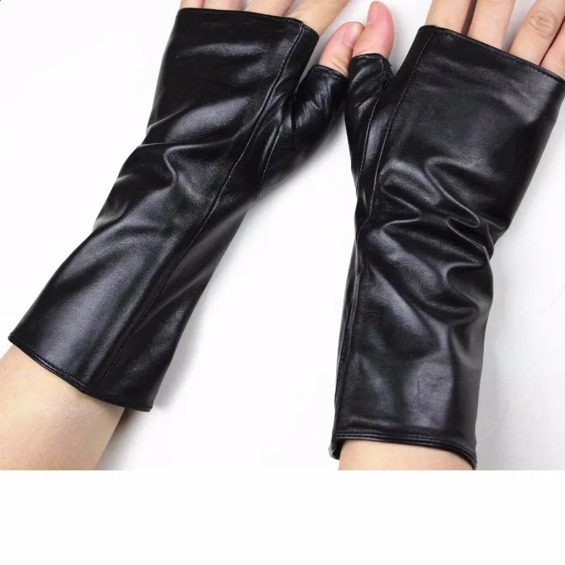 Long sheepskin half finger gloves womens leather car driving mens outdoor motorcycle no finger sun protection 241206