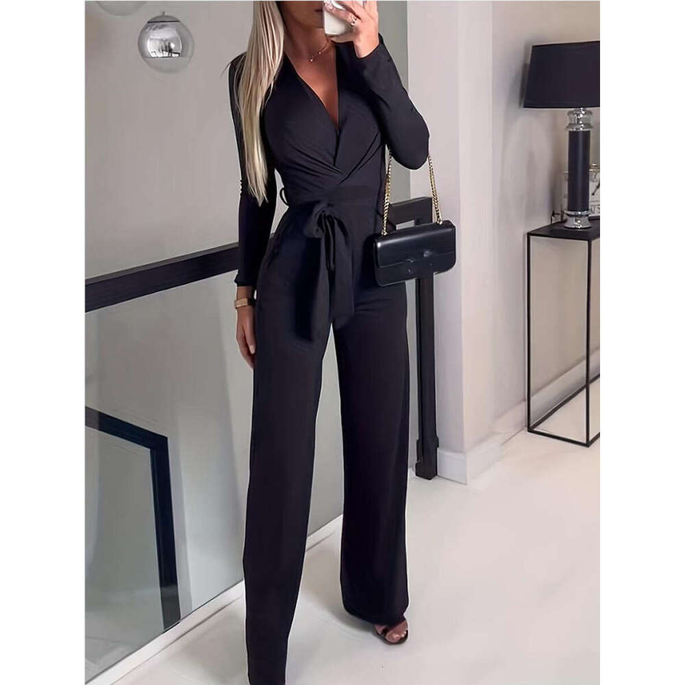popular elegant solid color V-neck jumpsuit 2024 new casual fashion trend clothing
