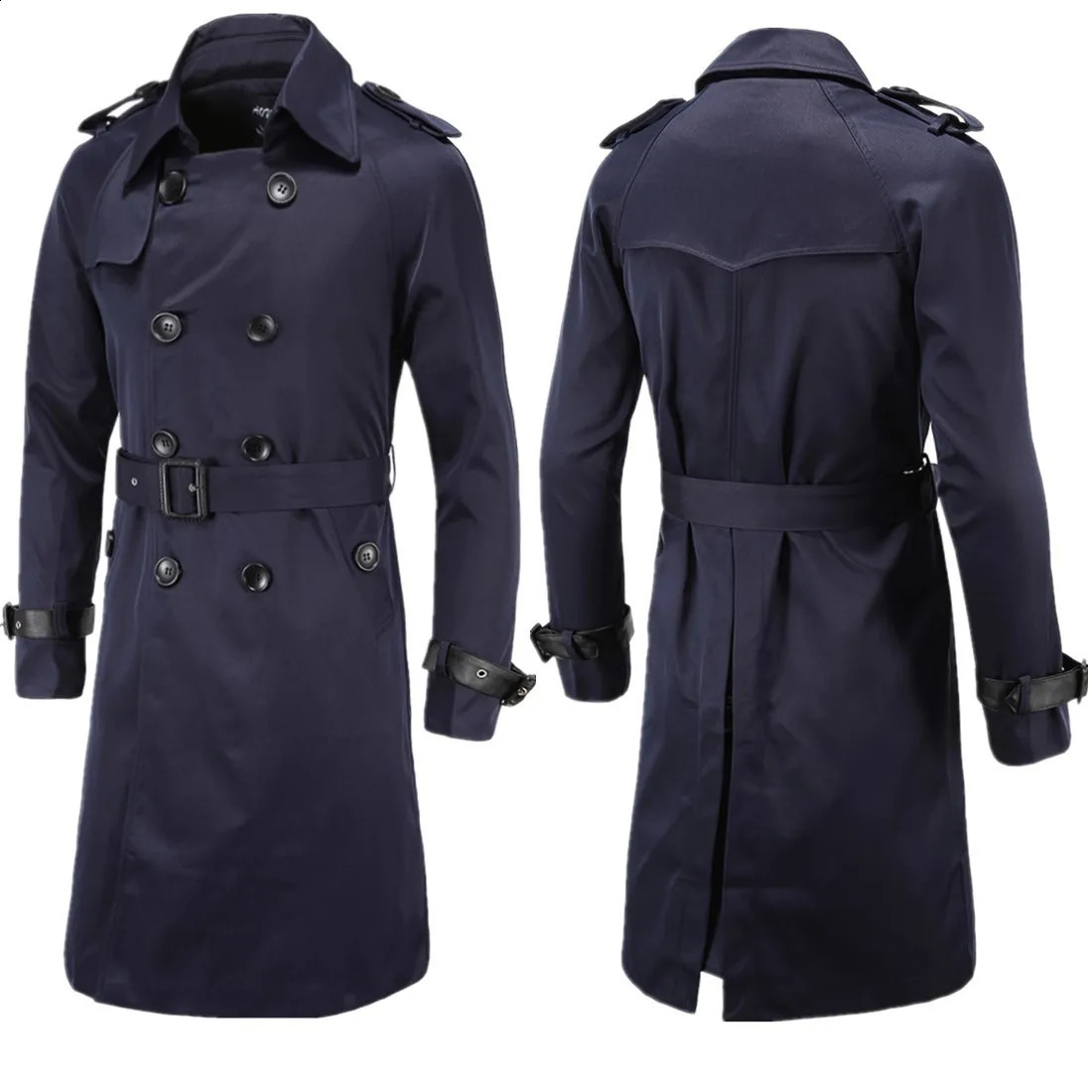 Mens Spring Autumn Windbreak Overcoat Long Trench Coats with Belt Male Pea Coat Double Breasted Peacoat W03 241202
