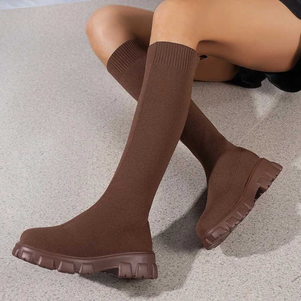 High Quality Autumn New Elastic Socks Knee Protectors Warm Thick Bott Ultra Thin High Heels Large Round Sole Botas De Mujer T241206
