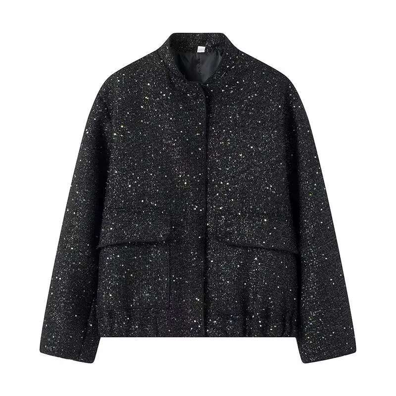 Women's Sequined Bomber Fall New Round Neck Long Sleeve Pocket Stretch Hem Sequins Jacket Coat Female Chic Outerwear