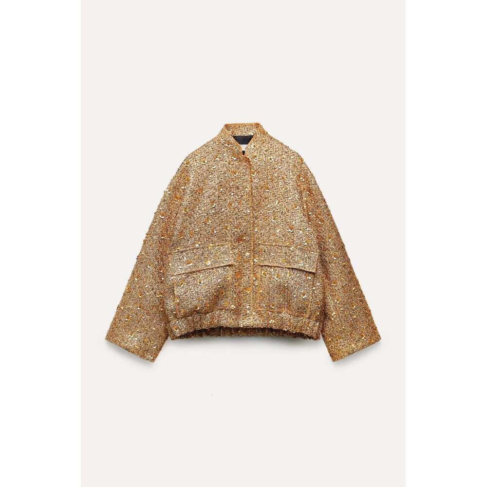 Women's Sequined Bomber Fall New Round Neck Long Sleeve Pocket Stretch Hem Sequins Jacket Coat Female Chic Outerwear