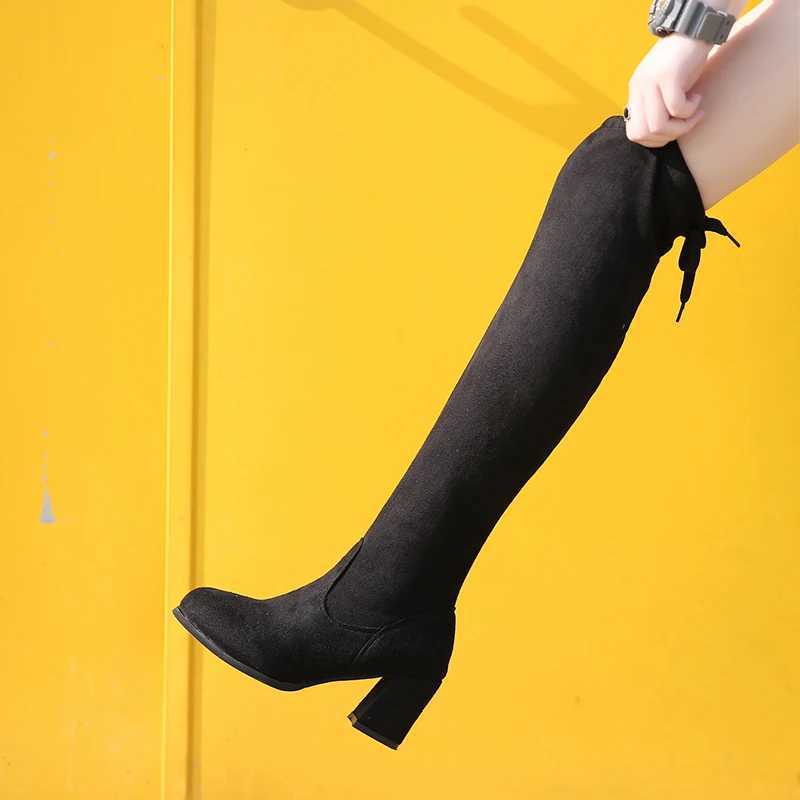 High Quality Summer Black Wens Boots Pointed Thin-over-the-knee Shoes Fi Versatile Cfortable Thick Heel Wens Mid-calf Boots T241206