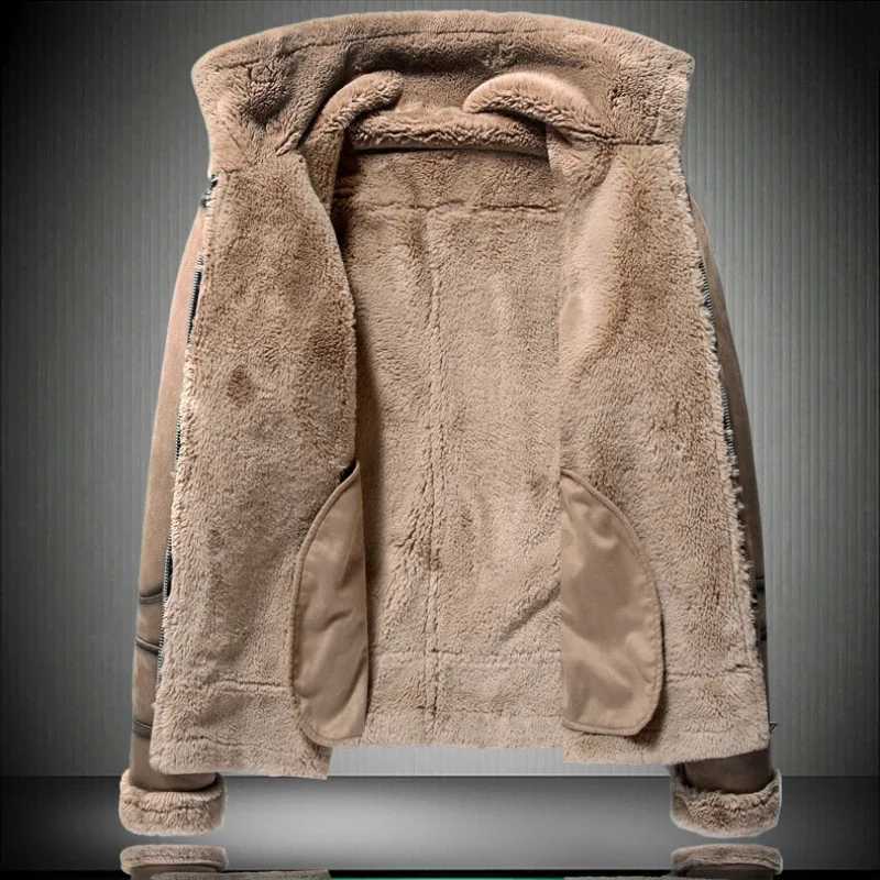 New Men Suede Leather Jacket Winter Warm Outwear Faux Fur Turn-down Collar Coat Buckles Plus Size JacketXJ241206