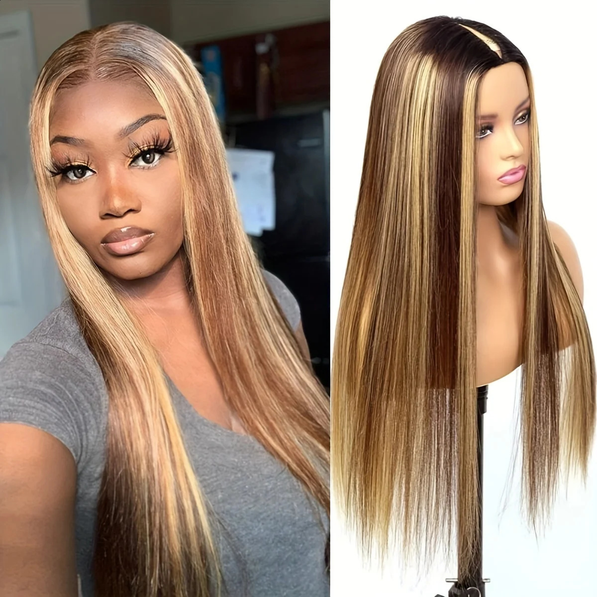 Non adhesive clothing Go Highlight V Part straight hair wig Honey blonde 4/27 Colored wig No need to leave Non adhesive V-shaped Mach 241206