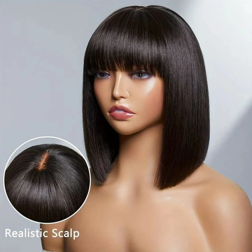 Wear and put on a human hair Bob wig with bangs realistic 180 density lace non adhesive wig short black Bob wig 241206