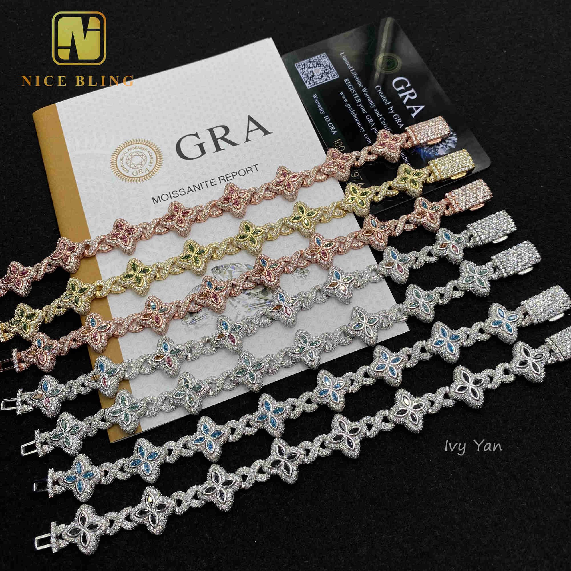 Luxury Colorful Marquise Flower Design 15mm Custom Iced Out Hip Hop Jewelry Cuban Link Chain 925 Silver VVS Moissanite Bracelet