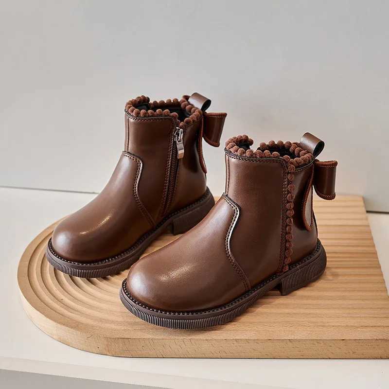 Girls Leather Boots Anti Slip Waterproof Side Zipper Winter Flat Heel Low Cut Microfiber Girls Fashion Boots Zapatillas MujerXJ241206