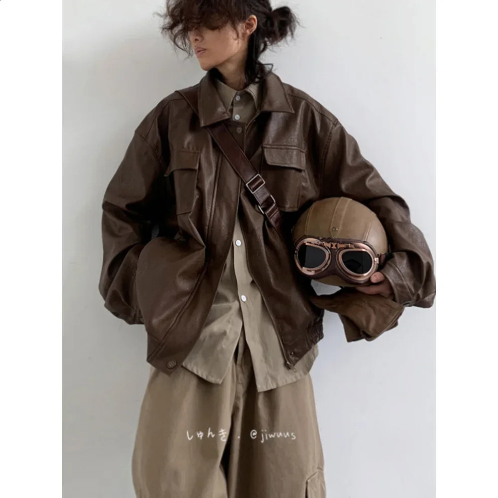 Autumn Winter Vintage Oversized Cool Brown Black Soft Pu Leather Jacket Men Pockets Loose Casual Unisex Clothes 2024 241202
