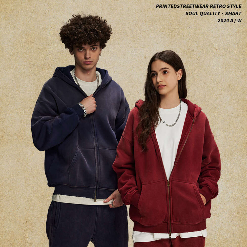 Men's gradient solid color hooded cardigan, women's casual sportswear, loose zipper casual couple's top, retro basic multi-color worn-o