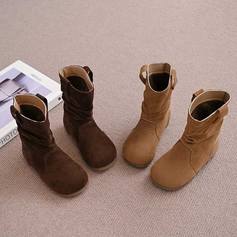 Children Stacked Leather Boots Girls Cowboy Fashion Boots Retro Sle Kids Flats Short Boots All Match Spring Autumn 2024 NewXJ241206