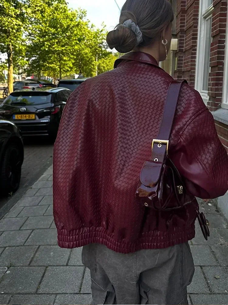 Women Burgundy Red Pu Leather Jacket Fashion Lapel Long Sleeve Zipper Loose Coat Autumn Female Chic High Street Outwear 241205