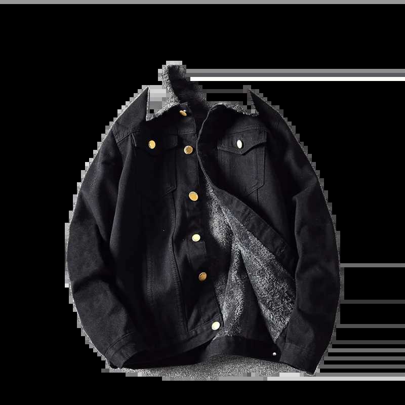 Vintage denim jacket mens plush thickened loose fitting work clothes cotton jacket wool collar enlarged cotton jacketXJ241206