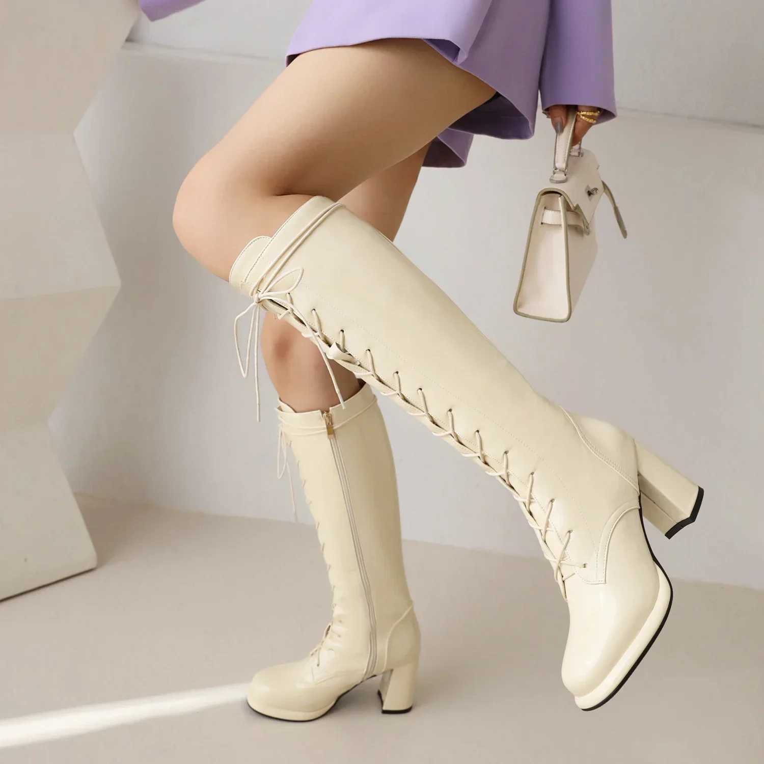 High Quality Sexy knee high boots short and chubby H white patent leather party dress womens winter and autumn zippers riding Lg boots T241206