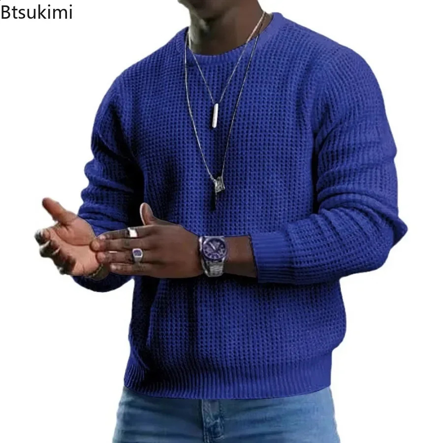 2025 Mens Waffle Knitted Sweaters Solid Loose Casual Oneck Pullover Tops Spring Autumn Long Sleeve Sweatshirt Male Sweater 241205