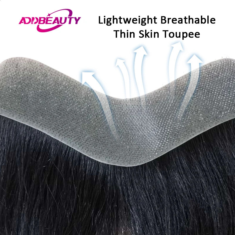 V Front Toupee Thin Skin PU 0.05-0.14mm VLoop Men Wig Indian Human Hair Replacement System 6inch Hairpiece Natural Color 250321