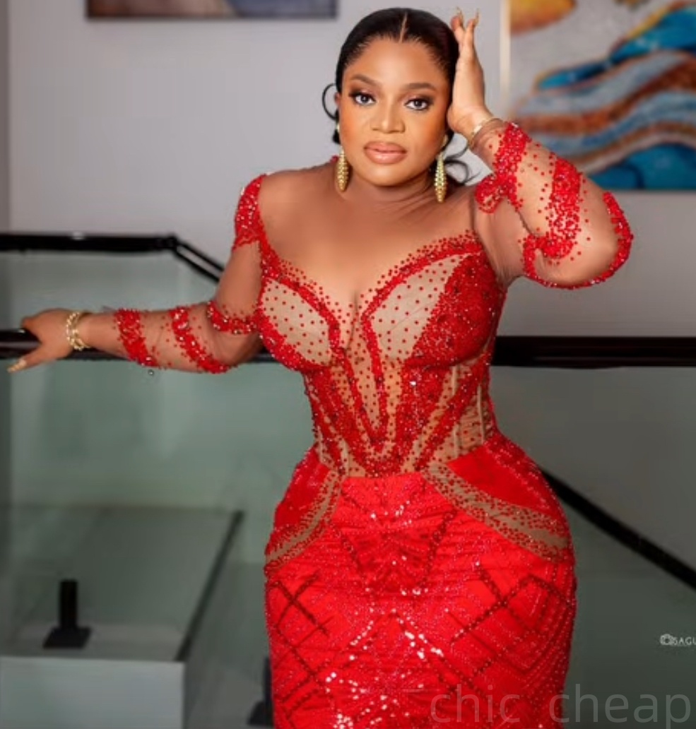 Red Illusion Mermaid Prom Dresses 2025 Beaded Sequined Full Sleeves Evening Formal Party Second Birthday Engagement Gowns Plus Size Dress For Special 