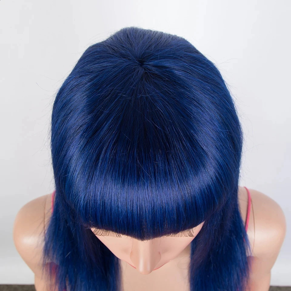 Blue straight wig with bangs Brazilian Remy natural straight wig female royal blue straight wig cosplay wig 241206