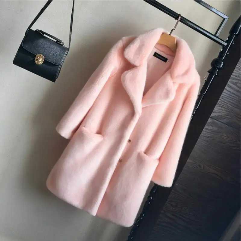 Women Mink Faux Fur Coat Solid Fe Turn Down Collar Winter Warm Fe Fur Lady Coat Casual JacketXJ241206