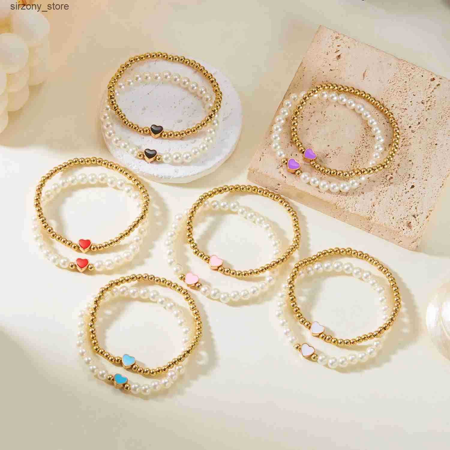 Beaded 2 PCS Simple Enamel Heart Simulated Pearl Beaded Bracelet for Women Girls Couple Lover Valentines Day Party Stretch Jewelry Set J241206
