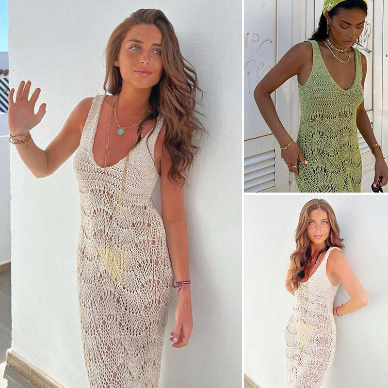 European and American knitted hollow low cut solid color slim fit sexy beach dress women's 2024 new casual versatile fashion clothing