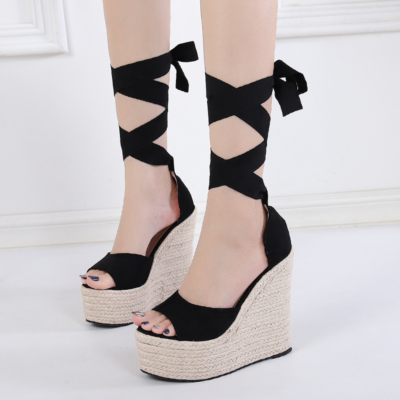 Summer Fashion Print Ankle Tie Wedge Yellow Multicolors Braided Weave Platform Wedged Heels Sandals Shoes For Women Summer